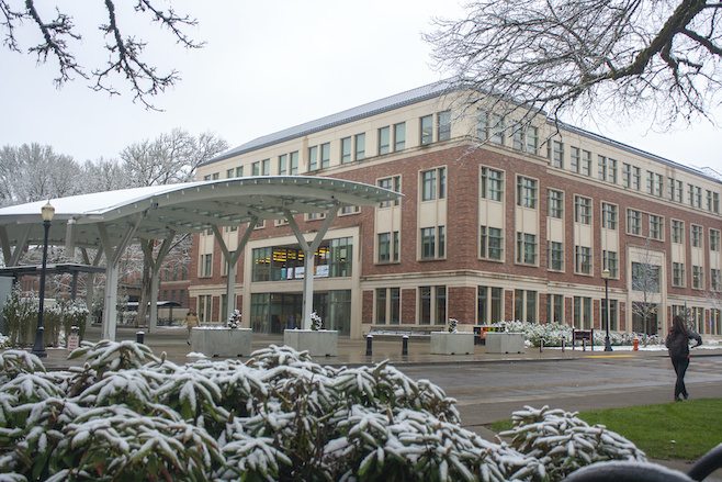 Winter photos of campus in February 2019 with a light layer of snow.