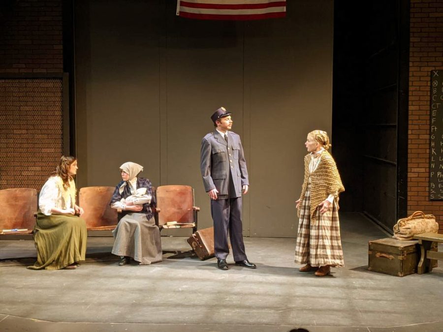 The Ellis Island cast during dress rehearsal to prepare for opening night. From left to right: Maia Barnebey as Mandolina, Savannah Taaggard as Fecha, Kyle Stockdall as Officer, and Vreneli Farber as Domenica. Not pictured here is Jax Kalberer as Nathan.