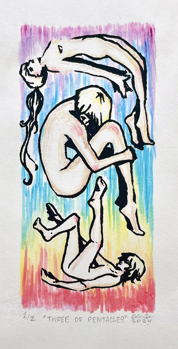 "Three of Pentacles"
Silkscreen monotype by Chloe Vilevac