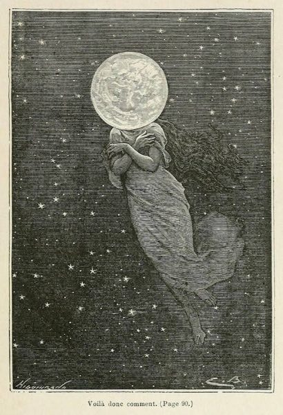 Painting of a woman flying through a night sky. Her face is covered by the moon.