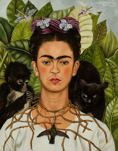 Painting of a woman. A monkey and a cat are on her shoulders.