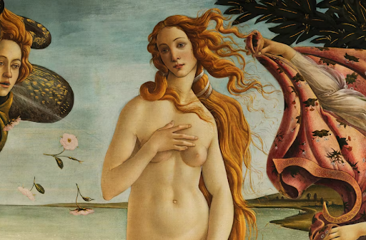 Painting of a nude woman covering her breasts.