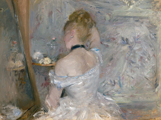 Painting of a woman in a ballgown facing away.