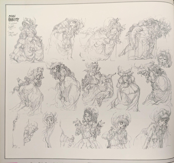 Paper showing multiple sketches of a woman.