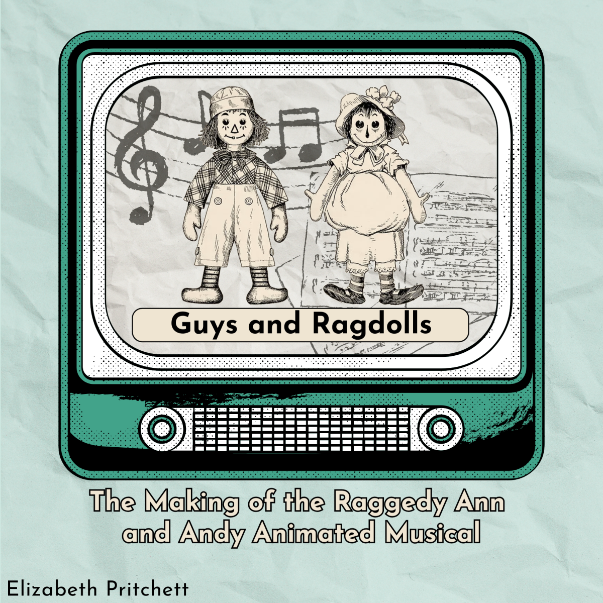 Art showing a drawing of an old television. On screen are two old dolls and a musical clef.
