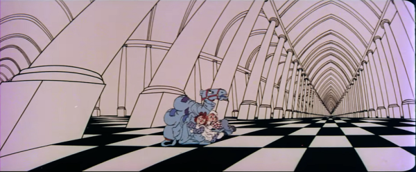 Still of a cartoon. Two small children and a camel are standing on a checkerboard floor in a long hallway flanked by columns.