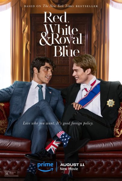 Movie poster showing two men in suits sitting on a couch smiling at each other. One man is wearing american flag socks. The other man is wearing British flag socks.