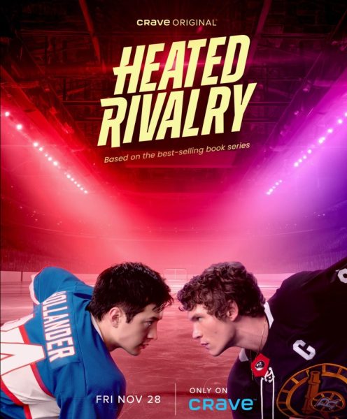 Movie poster showing two men in hockey jerseys looking at each other.