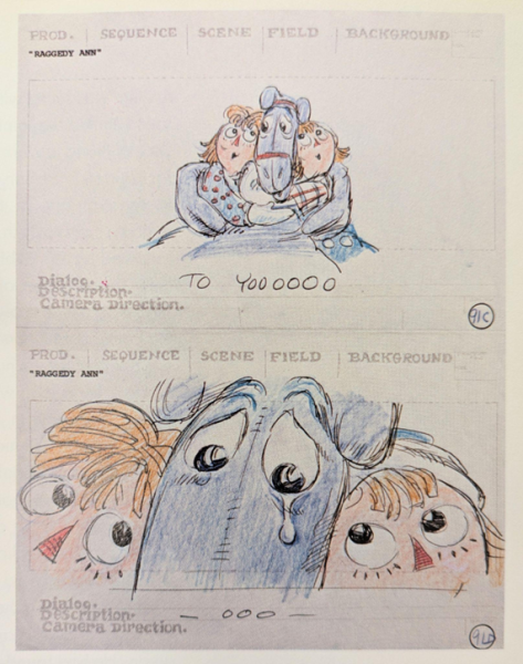 Storyboard with drawings of two child characters and a horse. The horse is shedding a single tear.