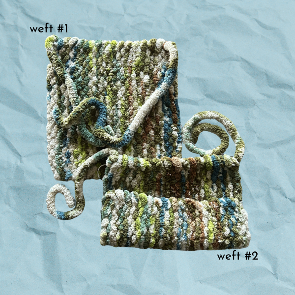 Blue paper texture background with two woven fabric wefts, text reads "weft #1, weft #2"