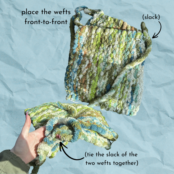 Blue paper texture background with two photos; one has two woven fabric wefts laid together, text reads "place the wefts front-to-front (slack)"; the other has a hand holding the wefts where they were tied together, text reads "(tie the slack of the wefts together)"