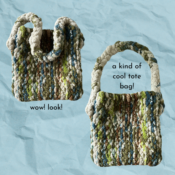 Blue paper texture background with two photos of a tote bag, one with the handle folded, one fully laid out, text reads "wow! look! a kind of cool tote bag!"