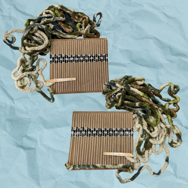 Blue paper texture background with two pictures of the same loom, one has the yarn weaving through from left to right, the other has the yarn weaving through from right to left