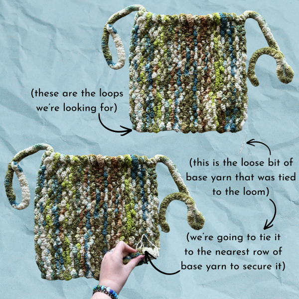 Blue paper texture background with two pictures of the same weft of woven fabric; one has text that reads "(these are the loops we're looking for) (this is the loose bit of base yarn that was tied to the loom)" while the other has a hand holding up one corner and text that reads "(we're going to tie it to the nearest row of base yarn to secure it)"