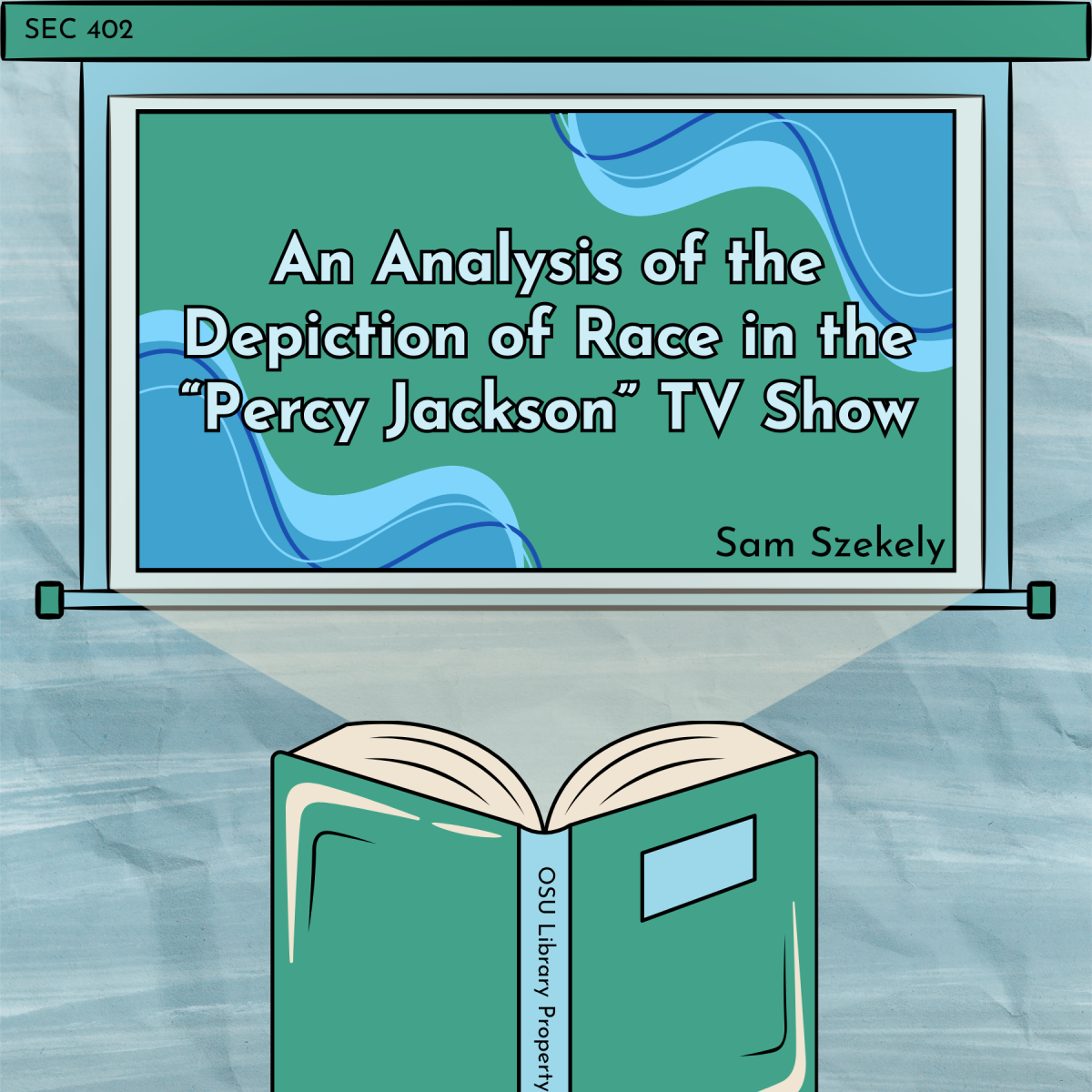 A book open facing a projector screen featuring the title of the post, "An Analysis of the Depiction of Race in the 'Percy Jackson' TV Show" by Sam Szekely.