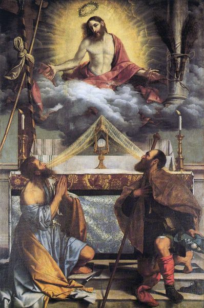 A painting of Jesus Christ and two saints looking up at him.