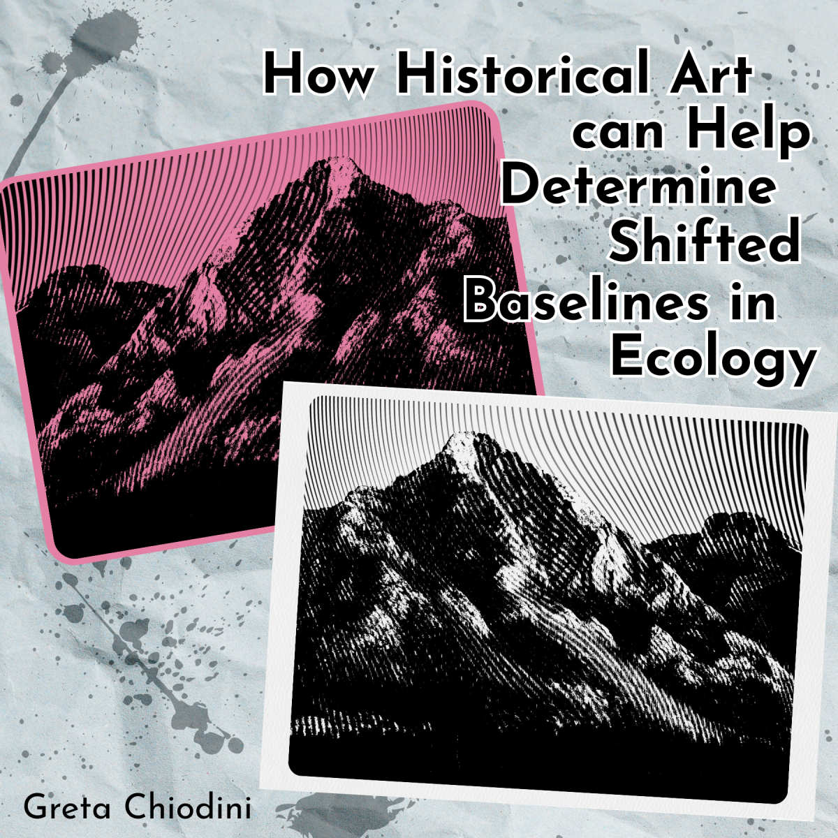 Blue paper textured background with graphics of a linocut block and print of a mountain, text reads "How Historical Art can Help Determine Shifted Baselines in Ecology, Greta Chiodini"