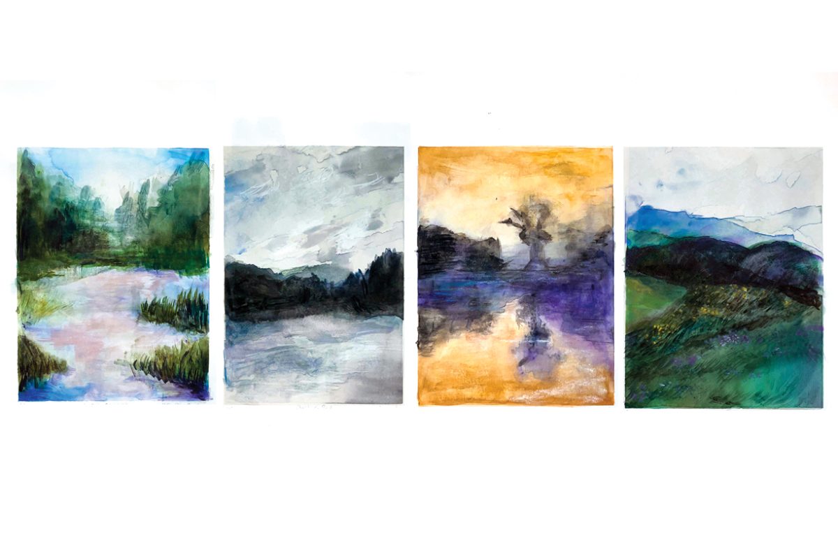 "Grief; a tetraptych"
Watercolor monotype screen print by Chloe Vilevac