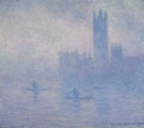 Oil painting of a parliament building and two small boats obstructed by fog