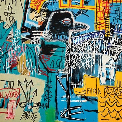 An abstract painting by Jean-Michel Basquiat called “Birds on Money,” made primarily with the colors blue and yellow and with a bird's head featured prominently